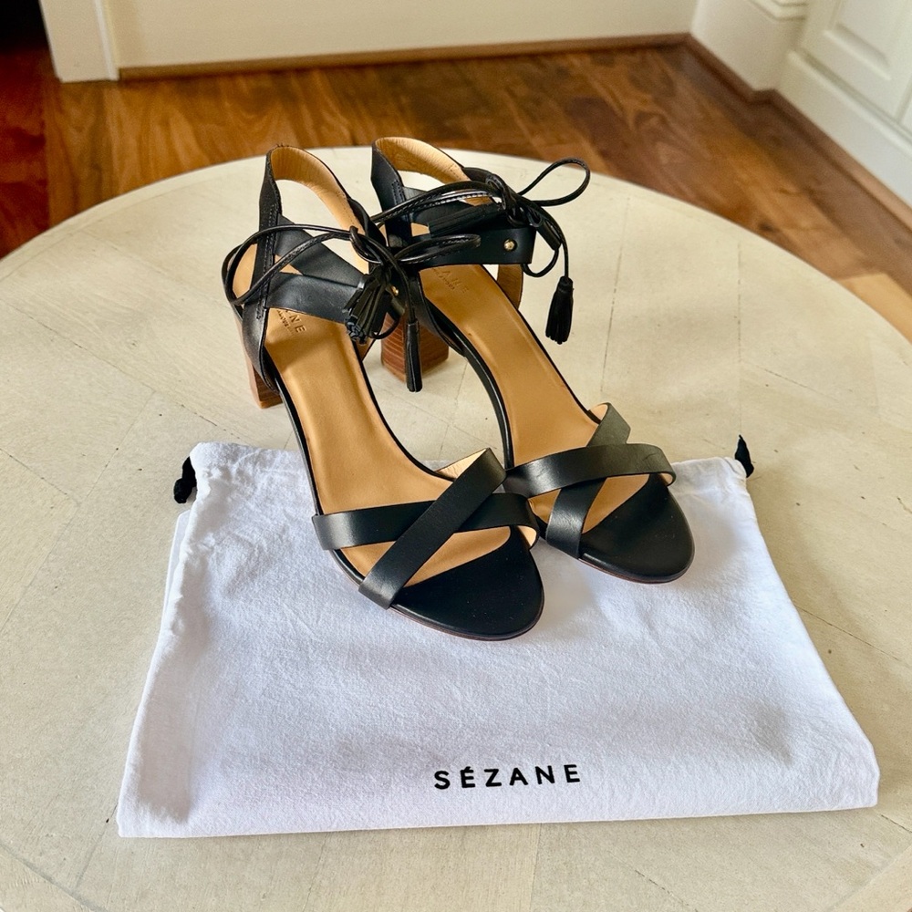 Sezane Black Leather Cross-Strap Lace-Up Sandals